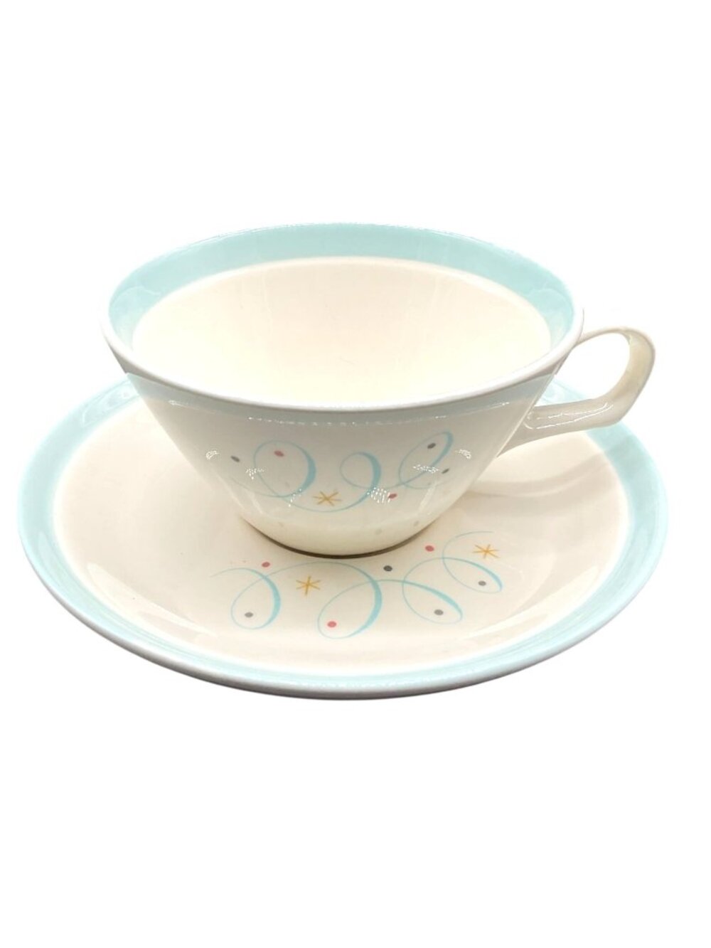 Vtg MCM Century Service Co Turquoise Scroll Teacup & Saucer Set Aqua White USA